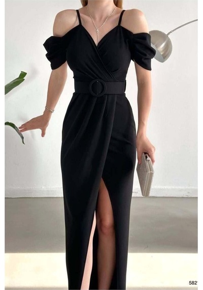 DefyModa Kadın Minimal Krep Kumaş V Yaka Yırtmaçlı Abiye Elbise Siyah