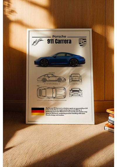 Porsche 911 Tablo - Teknik Özellikli Spor Araba Poster - Çerçeveli Duvar Dekoru - Blueprint Beyaz