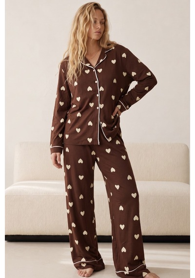 Siyah İnci Düğmeli Biyeli Oversize Pamuklu Örme Pijama Takım 8071 Kahverengi