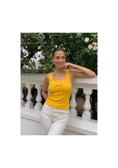 Onno Style Women Kolsuz Askılı Kare Yaka Bağcık Detaylı Triko Kadın Bluz Hardal