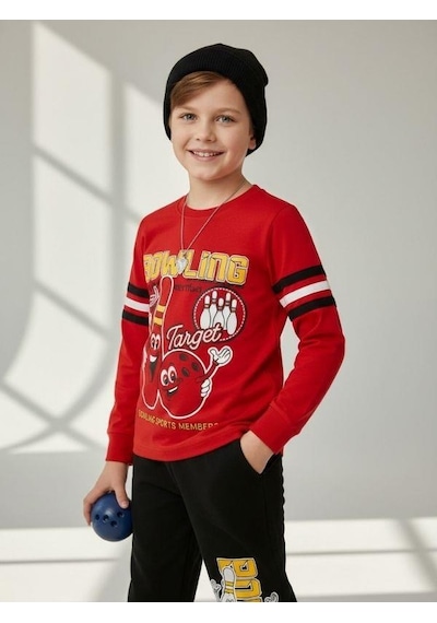 Zekids Erkek Çocuk Pamuklu Bowling Baskılı Pijama Takımı-16821 Kırmızı