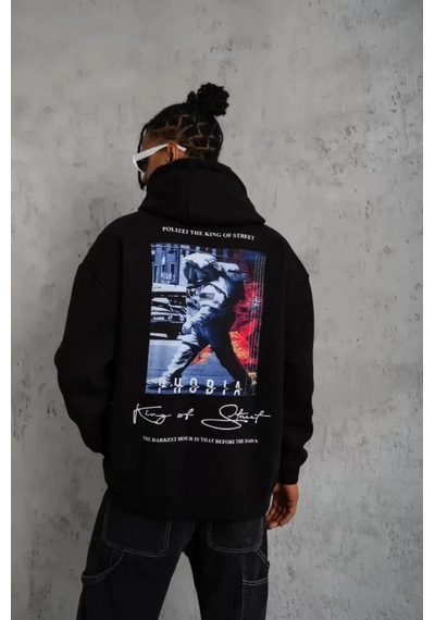 Veraura Lifestyle Erkek Astronot Baskılı Kapüşonlu Sweat - Siyah