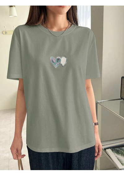 Flood Of Style Kadın Çağla Yeşili Çift Heart Baskılı Oversize T-shirt Yeşil