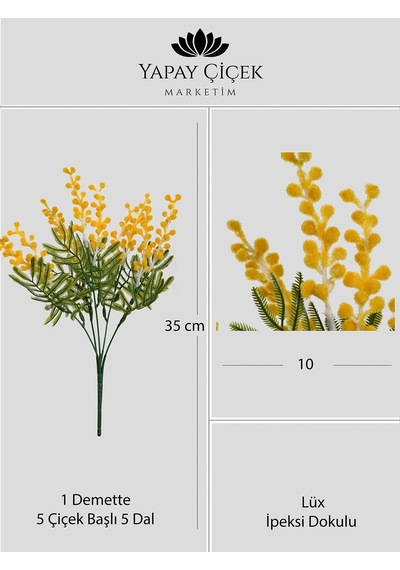 Sarı Yapay Mimoza Çiçeği Demeti 10 Dallı Lüx İpeksi Dokulu 35 Cm