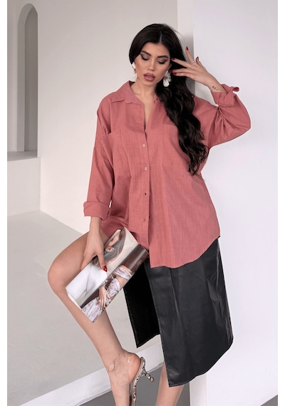 Paw Garage Kadın Harper Çift Cepli Oversize Keten Gömlek, 2025 Summer Collection Gül Kurusu