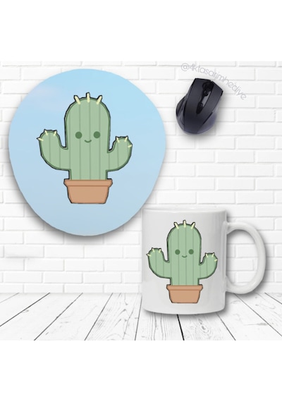 Kaktüs Baskılı Bilek Destekli Mouse Pad Ve Kupa Bardak Beyaz
