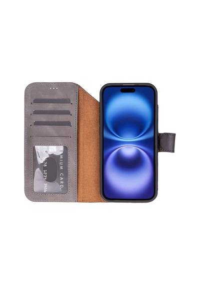 Bloomcase Magic Wallet Ash Mist Gray Hakiki Deri Apple Uyumlu iPhone 17 Air 6.5" Cüzdanlı Telefon Kılıfı Gri