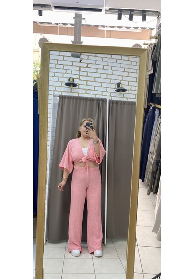 Tuba Toptaş Bağlamalı Gofre Bluz Pembe