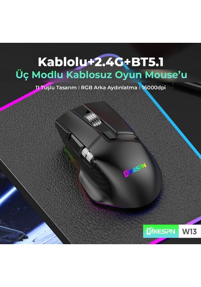 Mkespn W13 Dual Mode Gaming Mouse 10000 Dpı 10 Tuş 1000hz Rgb - Siyah
