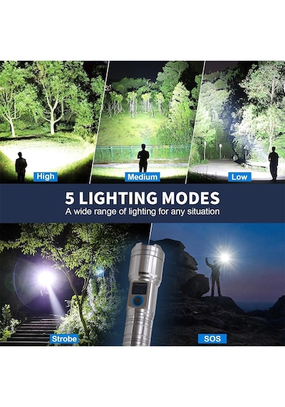 M06 Metal Kasa Uzun Menzil Profesyonel Led Fener 1800 Lümen 5000 Mah Zoom 4 Mod Dijital Ekranlı Usb Şarjlı Fener Powerbank Açık Gri