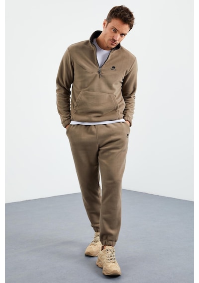 Tommy Life Camel Yarım Fermuar Dik Yaka Lastik Paça Polar Erkek Eşofman Takımı - 85159 Camel