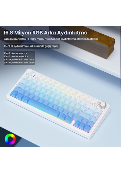 Aula F75 Mekanik Rgb Tkl Seiya Switch Kablosuz Makrolu Hot Swap Klavye Gradyan Mavi