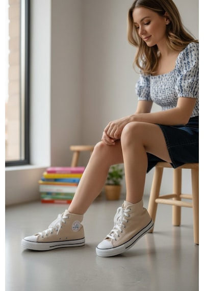 Enoch Kadın Boğazlı Bilekli Canvas Ve Bez Bağcıklı Rahat Günlük Sneaker Spor Ayakkabı Bej