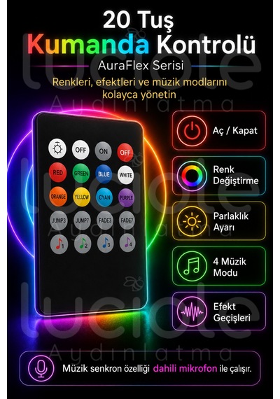 Onerous 1 M Rgb Neon Led Şerit, Müzik Kontrollü, 20 Tuş Kumandalı