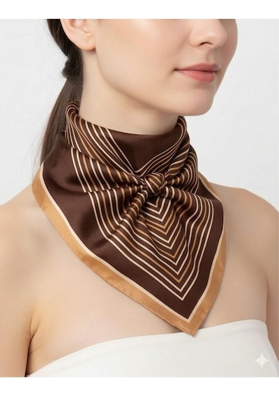 Tarzını Seç Kahverengi V Çizgi Fular / Bandana / Aksesuar 48x48 Cm