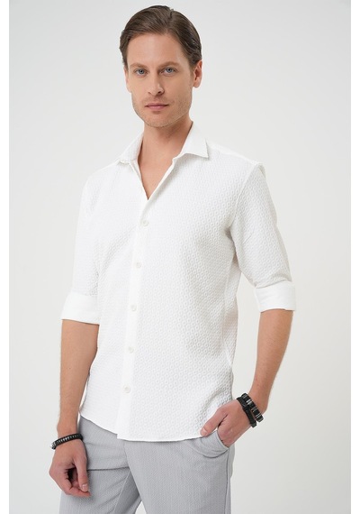 Efor Slim Fit Gofre Kumaş Desenli Kısa Kol Beyaz Gömlek G 1592 Beyaz