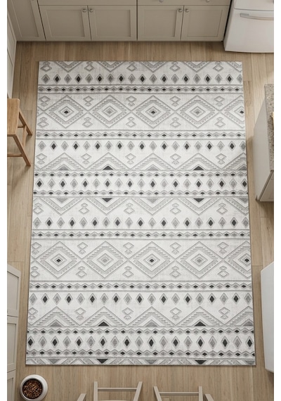 Raschel Carpet Premium Yıkanabilir Leke Tutmaz Modern Mutfak Halısı Etnik Desen Gri Özel Seri Kaymaz Taban Halı Çok Renkli