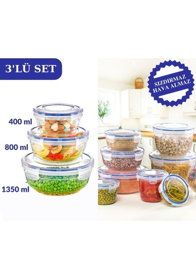 Contalı Sızdırmaz Hava Almaz Yuvarlak Saklama Kabı 3 Lü Set 400ml,800ml,1350ml Plastik Turuncu Diğer