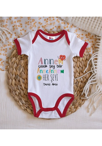 Bk Gift Bk Kids Kişiye Özel Annem Çok Şeyi Bilir Tasarımlı Kırmızı Bebek Body Zıbın-1 9-12 Ay