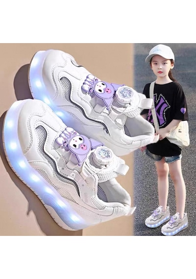 Kız Çocuk Spor Ayakkabı Şarj Edilebilir Farklı Modlarda Led Işıklı Kapanabilir Tekerlekli Beyaz