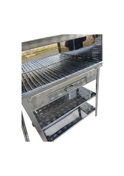 Paslanmaz Kömürlü Mangal 40 X 80 Cm Bacalı Barbekü Çekmeceli Tekerlekli Gri