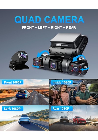 Pruveeo Dash Cam, 4 Kanallı Kamera Fhd 1080px4, Ön, Sol, Sağ Ve Arka, Ön Ve Arka İç, Dahili Gps Wifi, 256 Gb Max,