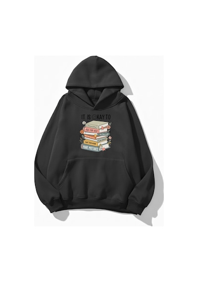 Uyguntarz Unisex Yumuşak Dokulu Its Okay Baskılı Tasarım Oversize 3 İplik Hoodie Sweatshirt Gri