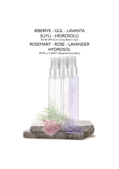 3'lü Hidrosol Set Gül Suyu + Lavanta Suyu + Biberiye Suyu 3 X 30 Ml. Hydrosol Seyahat/çanta Boy