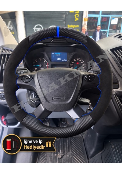Ford Tourneo Custom Dikme Direksiyon Kılıfı Alcantara Süet Mat Karbon Mavi Yüzük Ve Dikiş 2014+ Siyah