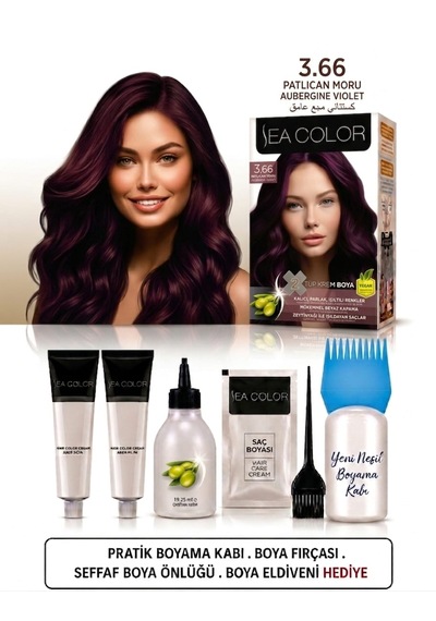 Sea Color Set Saç Boyası 3.66 Patlıcan Moru 2 Li +pratik Boya Kabı