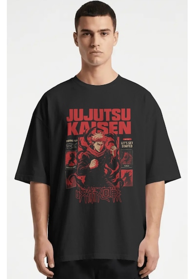 Jujutsu Kaisen Itadori Yuji Anime Baskılı Unisex Oversize Premium Siyah