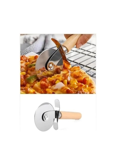 Pizza Kesici Ahşap Saplı Paslanmaz Çelik, Yuvarlak Bıçaklı Pizza Dilimleyici Ergonomik, Dayanıklı, Şık Tasarım