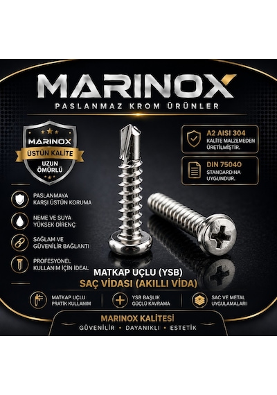 3,9 Mm Akıllı Vida Matkap Uçlu Ysb Saç Vidası Dın 7504o A2 Aısı 304 Kalite 50 Adet 3.9 x 13