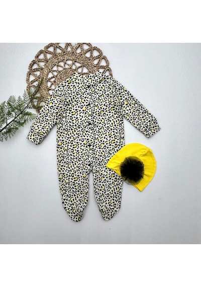 Diji Baby 0-3-6-9 Ay Leopar Baskılı Tam Boy Çıtçıtlı Patikli Güllü Boneli Kız Bebek Tulumu sarı Sarı