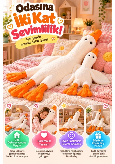 Beyaz Peluş Ördek 2'li Set 50 Cm Ve 90 Cm Yumuşak Welsoft Kumaş Sarılmalık Oyuncak Çocuk Odası Dekor