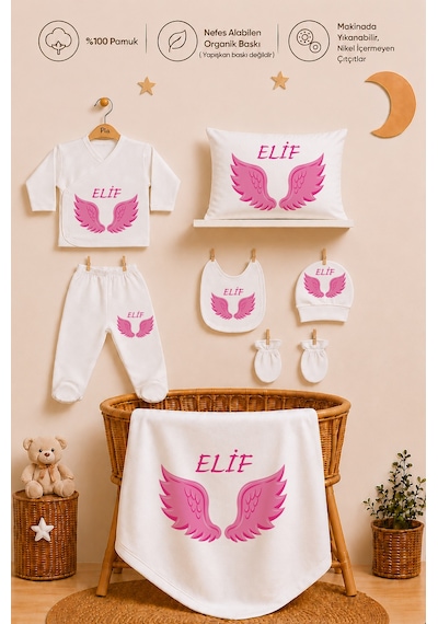 Pia Baby Kız Bebek Hastane Çıkışı 11 Parça %100 Pamuk İsimli Kişiye Özel Organik Baskılı Set 2055110x Ekru