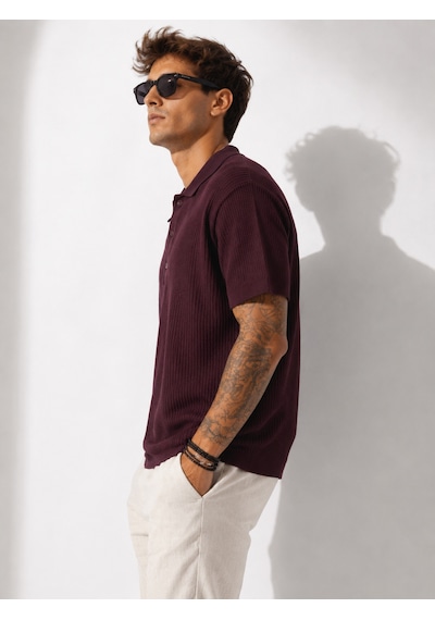 Ribana Erkek Kısa Kollu Fitilli Yarım Düğme Kapama Polo Yaka T-shirt 26001 Mürdüm