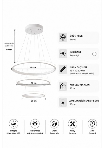 Rizon 3 Lü Led Sarkıt Avize Beyaz Işık