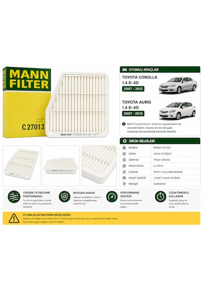Mann Filter Toyota Corolla Auris 1.4 D-4d Hava Filtresi 2007-2012