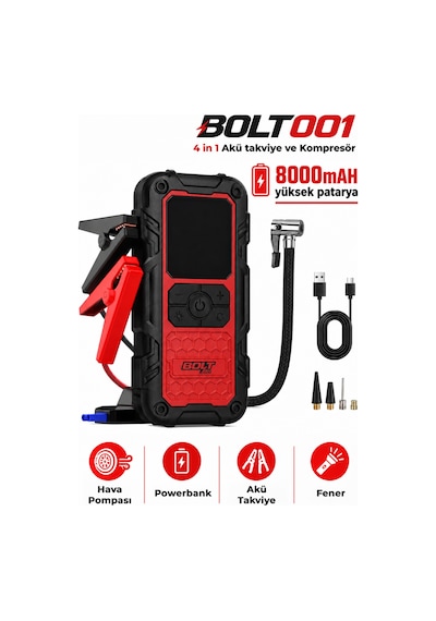 Bolt 001 Taşıma Çantalı 4' Ü 1 Arada Akü Takviye Cihazı Şarjlı Lastik Şişirme Powerbank Led Işık