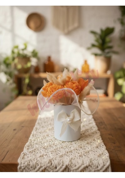 Mumelia Pastel Çiçekler - Doğal Soya Rose Gold Kutulu Mini Mum Buketi - Turuncu