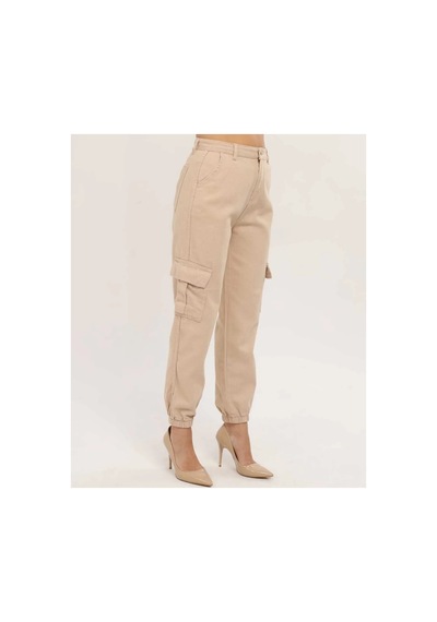 Kene Jeans Paça Lastik Kargo Cep Keten Mom Pantolon Bej