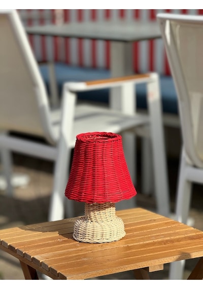 Kırmızı Rattan & Bambu Masa Üstü Kablosuz Pilli Abajur Alt- Üst Rattan Masa Lambası