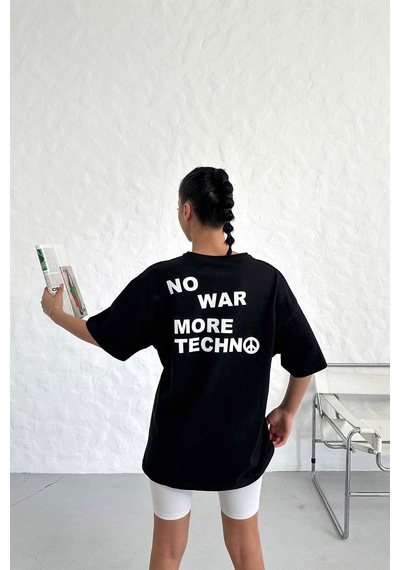 Technomonkey Unisex Siyah Oversize No War More Techno Baskılı Tişört
