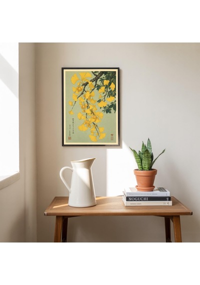 Japon Ginkgo Yaprakları Posteri, Vintage Botanik Sanat Baskısı, Ahşap Baskı Tarzı, Zen Ev Dekorasyonu