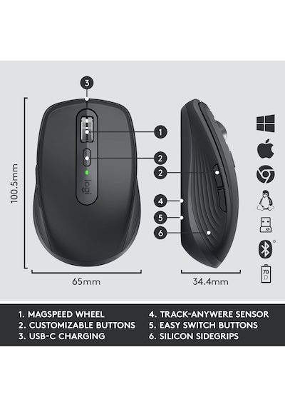 Logitech MX Keys Mini Combo Bolt Alıcılı Kablosuz Klavye + MX Anywhere 3 Mouse Seti Koyu Gri