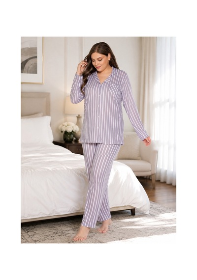 Alperi Büyük Beden Kadın Boydan Düğmeli Çizgili Mevsimlik Pijama Takım B790-45 Gri