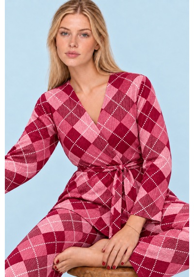Kadın Desenli Ev Stili Kuşaklı Pembe Pijama Takımı 4808