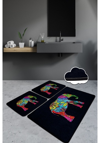 Olıfant Sıyah 3 Lü Set Banyo Halısı Paspas Yıkanabilir Siyah