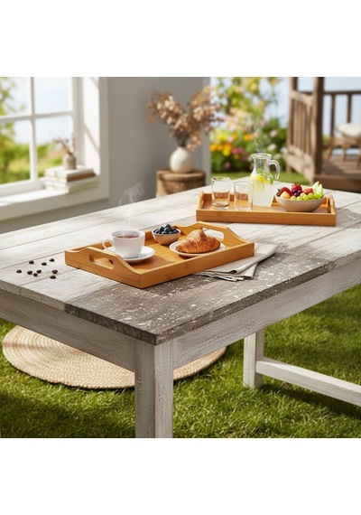 Bambu Dikdörtgen Sunum Tepsi 33x22x5 Cm, Sofra Tepsisi, Çay Tesisi, Bambu Daire Tepsi Çok Renkli